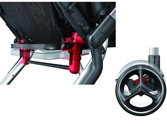 キャスターとシートのサスペンションが、振動を吸収し、赤ちゃんのストレスを軽減