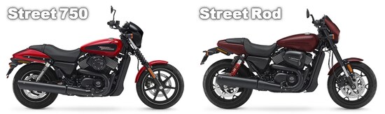 左がベースモデルであるストリート750、右がストリートロッド。クルーザー感が残る前者に対して、より前傾姿勢のライディングフォームがイメージされるスタイルに進化している