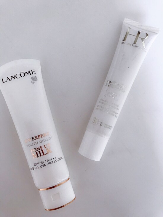 写真下：ランコム　UV エクスペール トーン アップ 50ml 7500円(税抜)／写真右： ヘレナ リプラスティ CC+ 40ml 1万2000円(税抜) 