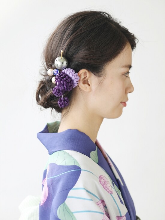 ロング浴衣・ねじりんぱ×三つ編みシニヨンアレンジ