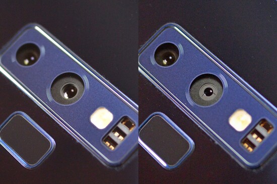 右側のメインのカメラの絞りが、シーンにあわせてF1.5（左）またはF2.4（右）に機械的に切り替わり。暗いシーンでより多くの光を取り込むことができます。