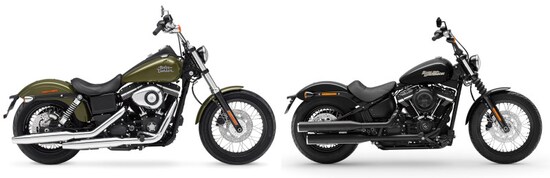 左が2016年モデル、右が2019年モデルのストリートボブ。エンジンとフレームを一新し、ボディラインも一層コンパクトになった。