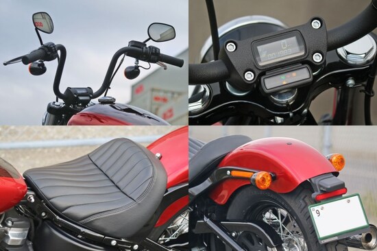 高く持ち上がったエイプハンガー（ハンドルバー）を支えるライザーには最新のデジタルメーターが埋め込まれている。そしてテールランプはウインカーと一体型となった斬新な仕様に。ビンテージ感を演出するサドルシートは、各人の体系などによって乗り心地が変わる模様。