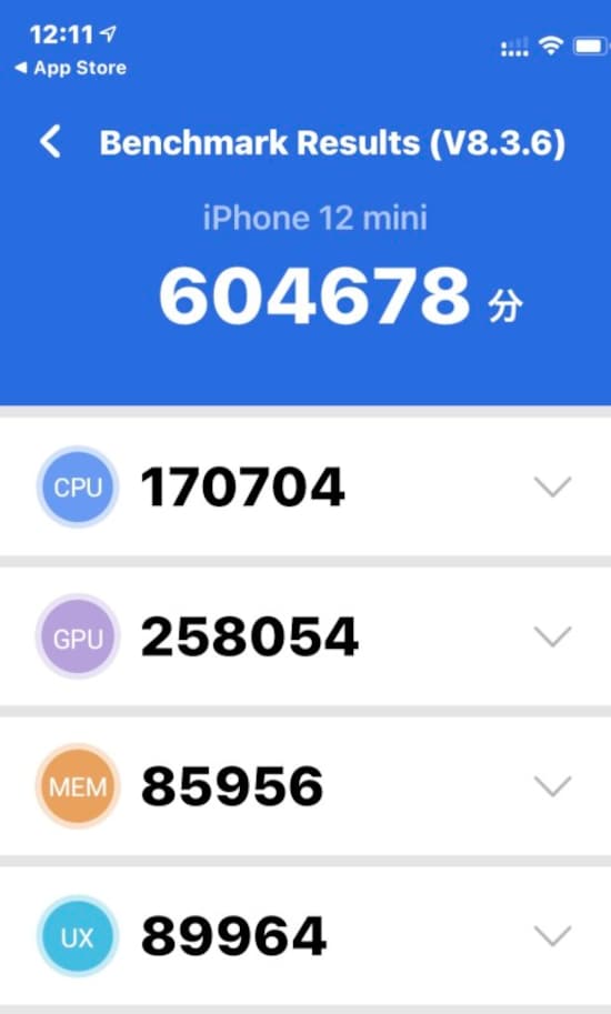 iPhone 12 miniのペンチマーク（AnTuTu Benchmark）