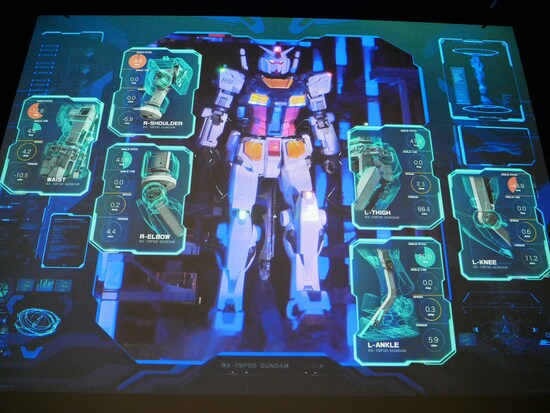 幅10m×高さ7mのARウィンドウにリアルタイムで動くガンダムの様子を映し出し、軌道実験（毎時00分、30分）の際には各駆動部の作動情報がポップアップで表示されます（2020年11月30日撮影）