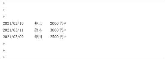 表にするデータを1行ごとに入力します。1行分のデータは「2021/03/10 (TAB) 井上 (TAB) 2000円」のように、［Tab］キーで区切って入力します。