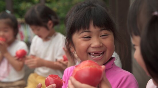 トマトの汁をすすりながら丸ごと食べる経験を。©️風の谷幼稚園
