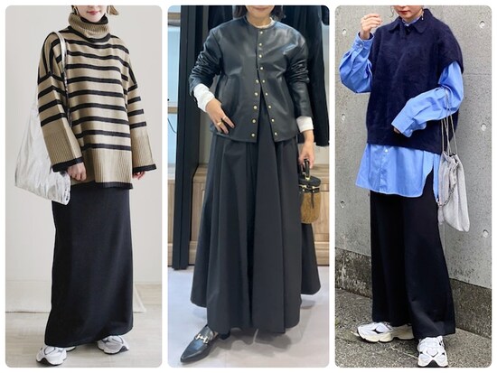 シンプルで着まわしのきく「黒のロングスカート」、40代はこう着たい！