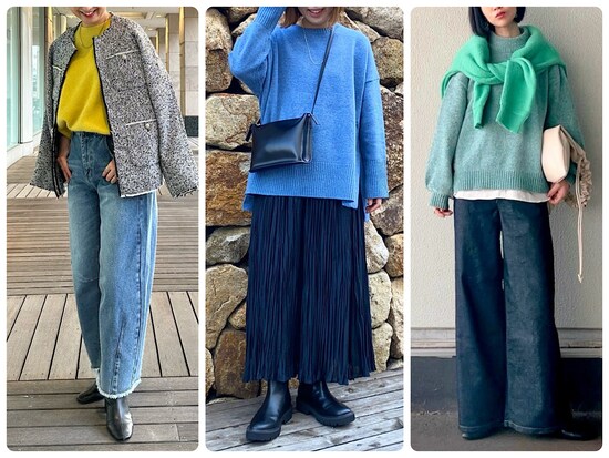 春色カラーのニットなら防寒しつつ季節感の先取りも楽しめます