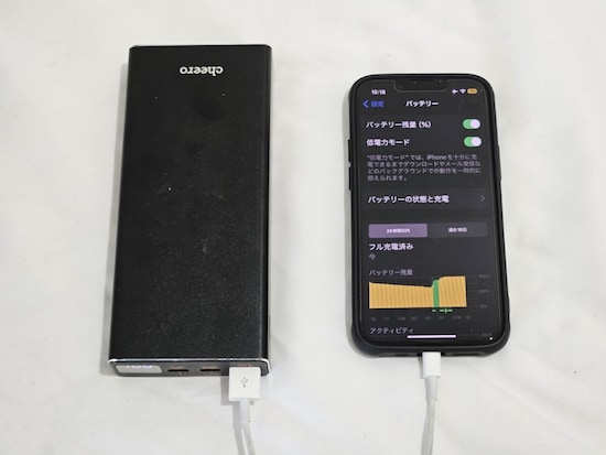 大型バッテリーの例、cheero Power Plus 5 Premium 20000mAh（重さ480g）※充電端末はiPhone 13 mini