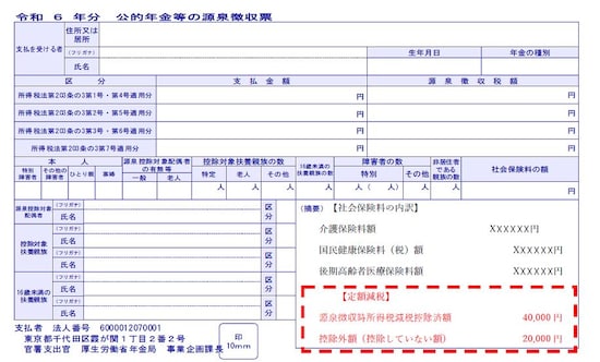 定額減税の事項が記載された令和6年分公的年金等の源泉徴収票のイメージ図（出典：日本年金機構ホームページ）