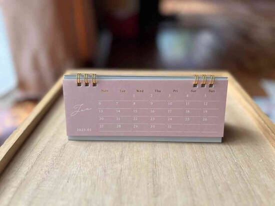 ダイソーの「2025年卓上カレンダー（ヨコ長、Ｗリング、ニュアンスカラー2）」は高さを取らない横長タイプ