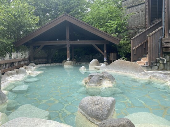 「大湯処 季の湯」の露天風呂「葉隠れの湯」。高台にある宿ならではの落ち着いた空間になっている