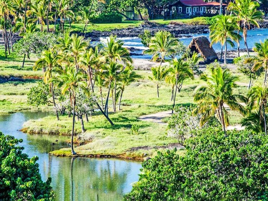 リゾート内の歴史保存公園。神聖な儀式が行われた養殖池は、昔からの姿で保存されている