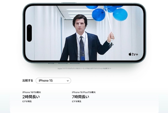 iPhone 15より、ビデオ再生で2時間長く使用できる