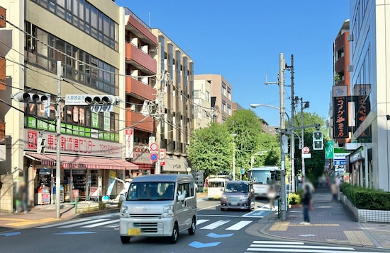 2車線の通りを自動車とバスが頻繁に行き来し、渋滞気味になっている所も