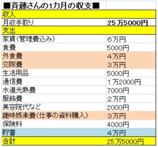 手取り25万5000円で4万円を貯蓄する斉藤さんの収支は?(クリックで拡大します)