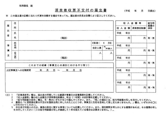 「源泉徴収票不交付の届出書」のフォーマット(出典:国税庁ホームページ)