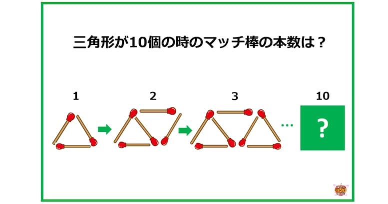 【小5レベル】三角形を10個作る時に必要なマッチの本数は？