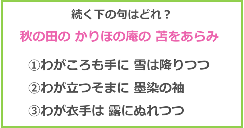 【百人一首クイズ】「秋の田の かりほの庵の 苫をあらみ～」に続く下の句は？（第13問）