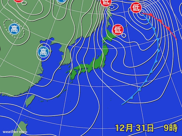 冬によく見られる西高東低の気圧配置