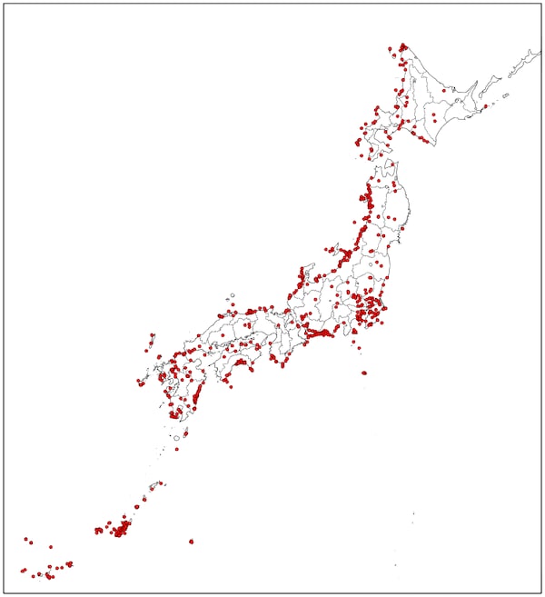 日本における竜巻の発生分布（1961-2010年）出典：気象庁ホームページ