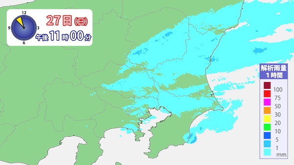 2021年3月27日午後11時　関東地方の1時間解析雨量