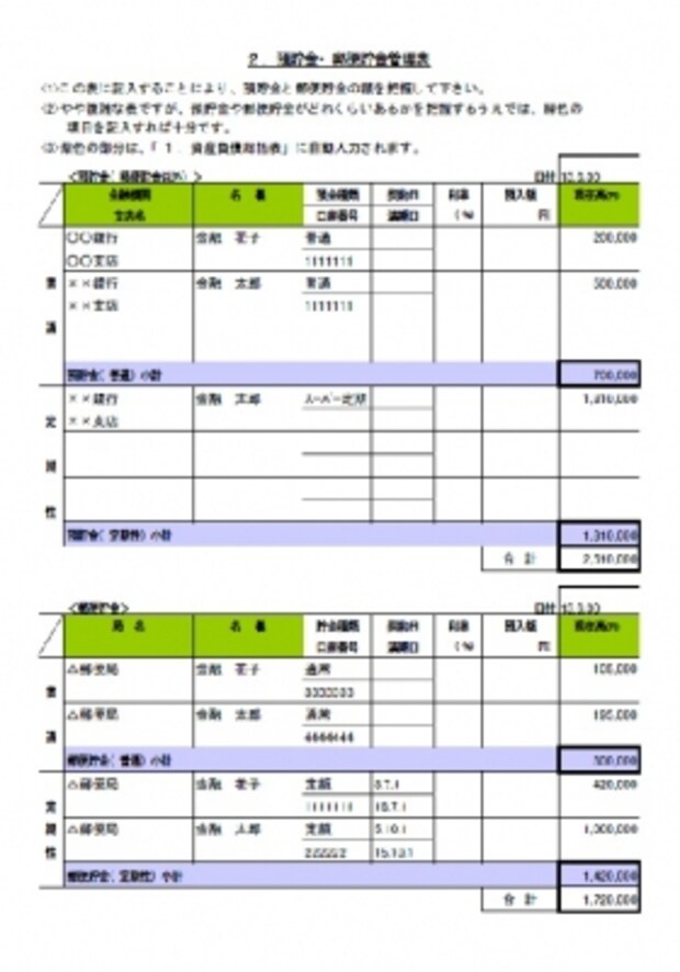 「家計の資産管理簿」「預貯金・郵便貯金管理表」シート(クリックで大きな画像が表示されます)