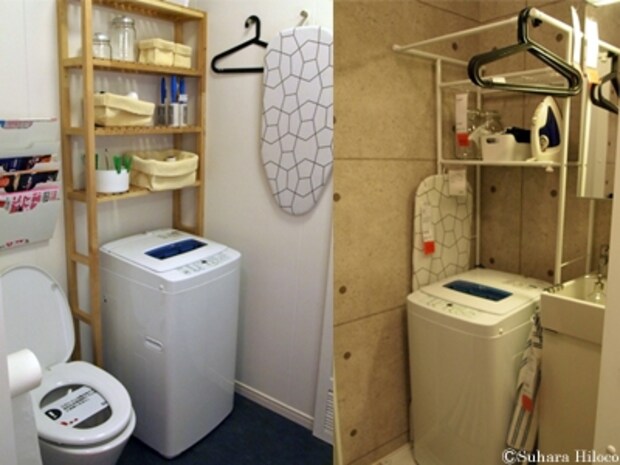 左:トイレの便器の上にも設置できる。トイレットペーパーやタオル収納に。右:一番上のパイプにはハンガー掛けができる。(IKEA立川店)