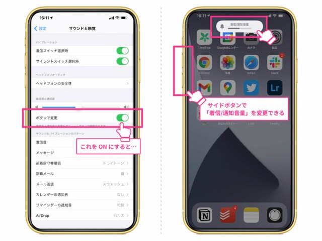 「ボタンで変更」をオンにするとiPhone横の音量ボタンから「着信/通知音量」が変更できる