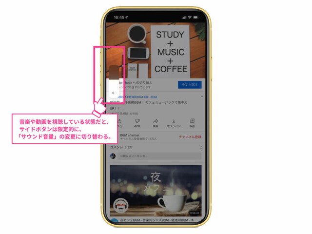アプリ・音楽・動画を視聴している状態だと、サイドボタンは限定的に「サウンド音量」の変更に切り替わる