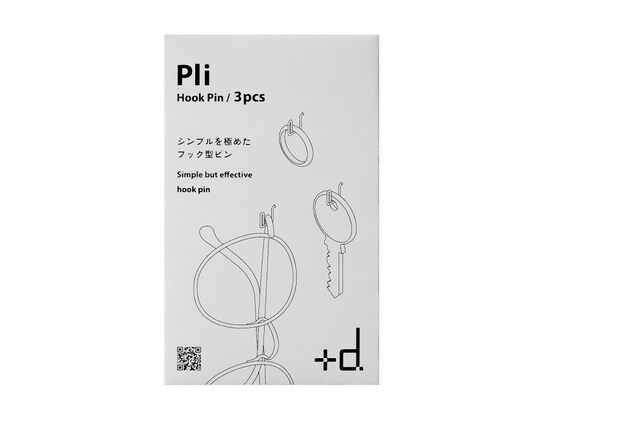 ＋d「Pli（プリ）」3個入り1100円（税込）。サイズは約W17×D0.8×H8mm、重さは約0.1g (1個）、ステンレス製。石こうボード、ベニヤ板、コルクに対応