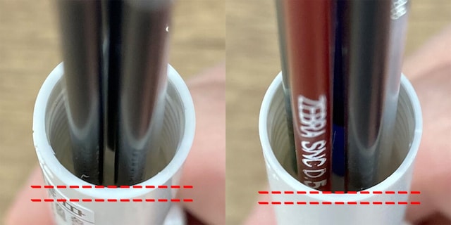 このように、従来の多機能ペンに比べて、「ブレン4+S」（右）の軸の肉厚が薄いことが分かる。ノックボタン周辺は、これよりさらに薄くなっている