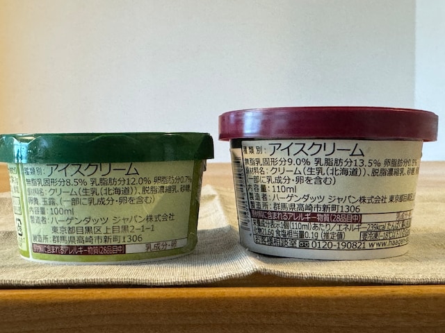 「玉露」のほうが内容量は10ml少なめ。乳脂肪分は「グリーンティー」のほうが若干数値が高くなっています