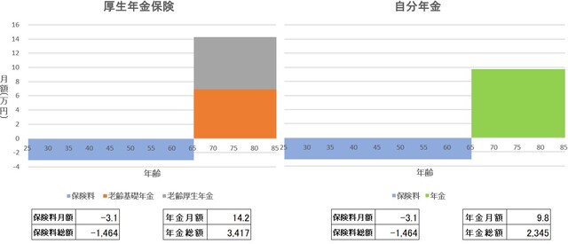 厚生年金保険と自分年金の保険料・給付比較(図版は筆者作成)