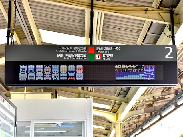 伊豆エリアで運行する鉄道4社のアイコンが描かれた発車標