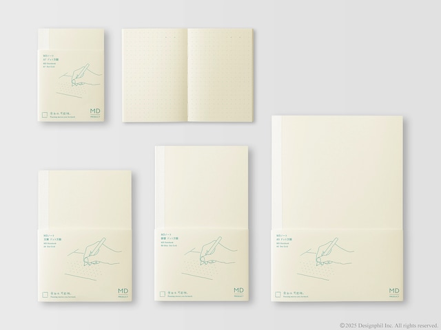 MD&nbsp;PRODUCTの中心にある製品は、従来の「MD&nbsp;PAPER&nbsp;PRODUCTS」シリーズ同様、MD用紙を使った「MDノート」。新しくラインアップされたのはドット方眼のノートで、サイズはA7、文庫、新書、A5、A4変形判の5サイズ。価格は880円～2090円（税込）
