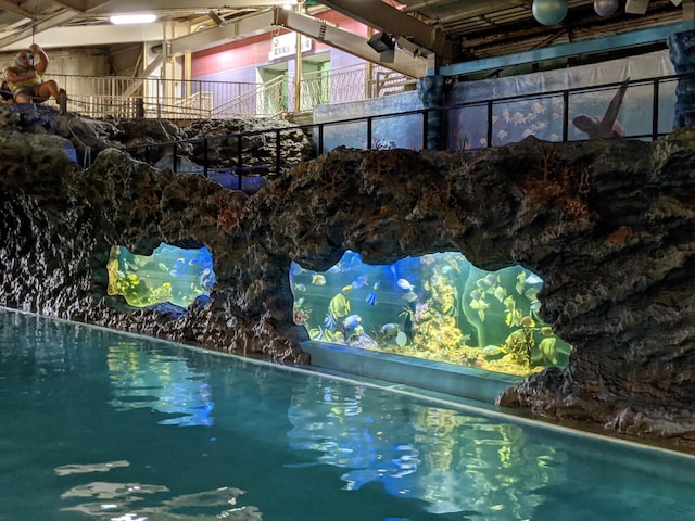 流れるプール「フィッシュゴーランド」は、南国のさかなが泳ぐ水槽が配置され、一緒に泳いでいるかのよう。館内は28度、プールは温泉水
