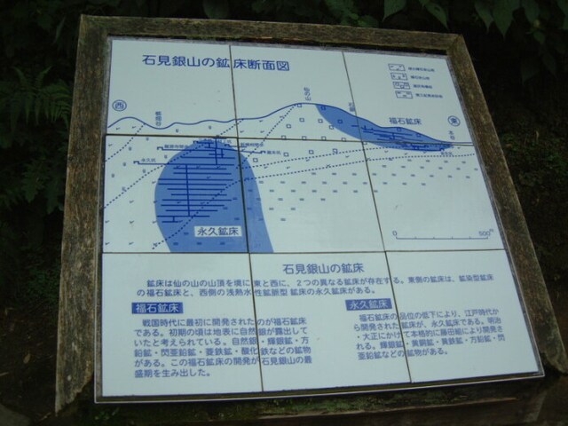 石見銀山の鉱床の断面図。左側の龍源寺間歩の位置を見ると、かなり深くまで掘られていたことが分かります。石見銀山で一番大きな大久保間歩は図の右上です（2012年11月撮影）