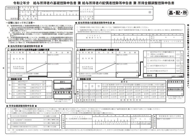 基礎控除 兼 配偶者控除等 兼 所得金額調整控除申告書フォーマット (出典:国税庁 資料より)