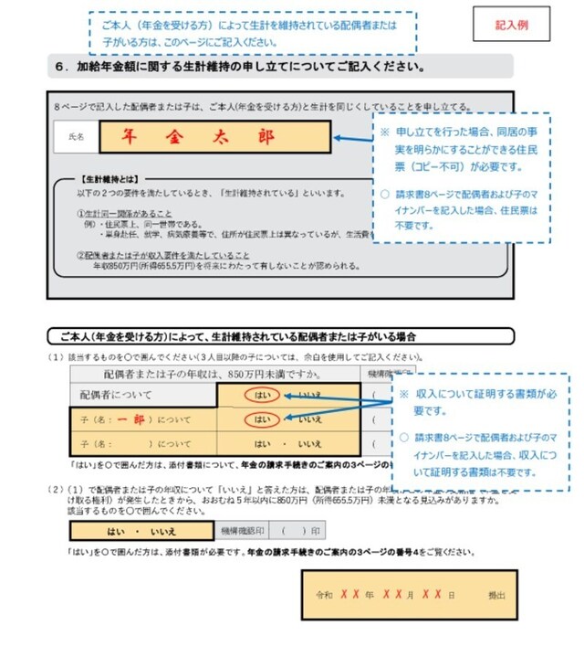 年金請求書の「6. 加給年金額に関する生計維持の申し立てについて」のページ(日本年金機構)