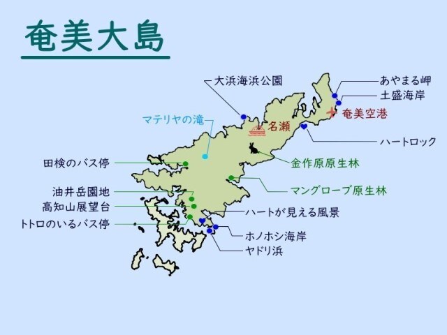 奄美大島の観光地図。観光ポイントは広範囲に点在。空港は島の北部にあるので、移動時間には注意が必要です