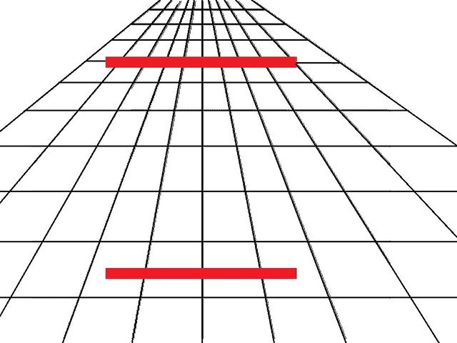 上と下の赤い横棒は、どちらが長いでしょうか。(筆者が描いたオリジナル錯視図形）