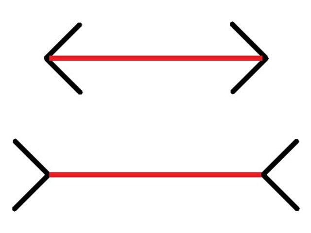 『ミュラーリヤー錯視』上下段の図中の赤い線分はどちらが長く見えますか？