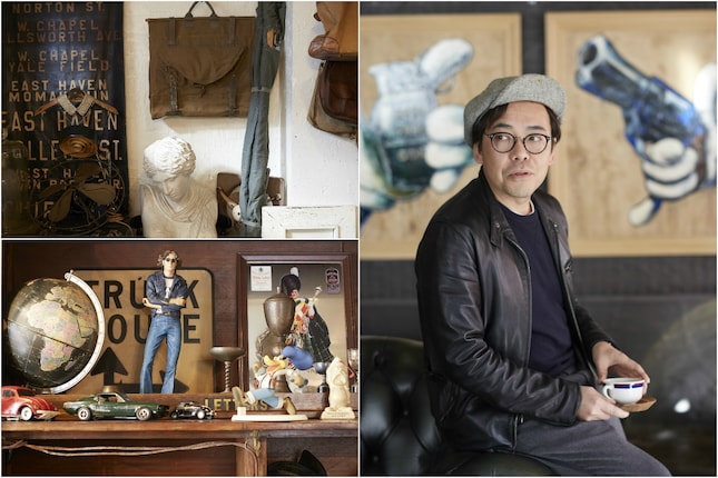 水上さんの背景にある絵は、自らが描いた作品。店内で使われているカーテンやクッション、革製バッグなども自ら自ら縫って作った