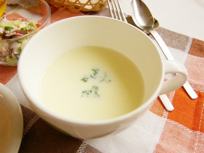 火も包丁も使わない。レンチン・ホタテ入り豆乳スープ