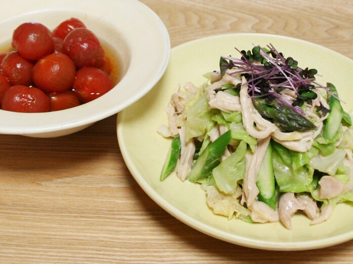 具だくさん棒々鶏とミニトマトのお浸し