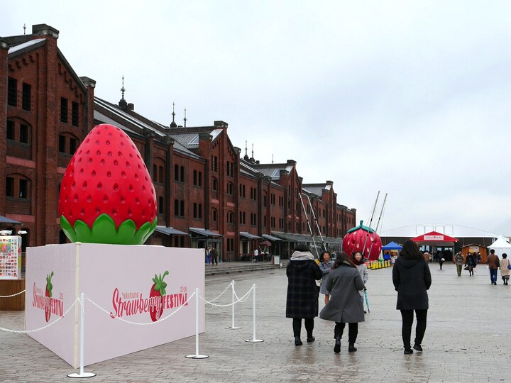 横浜赤レンガ倉庫でイチゴづくしのイベントが開催。大きなイチゴオブジェはフォトスポットとして毎年人気（2018年2月2日撮影）