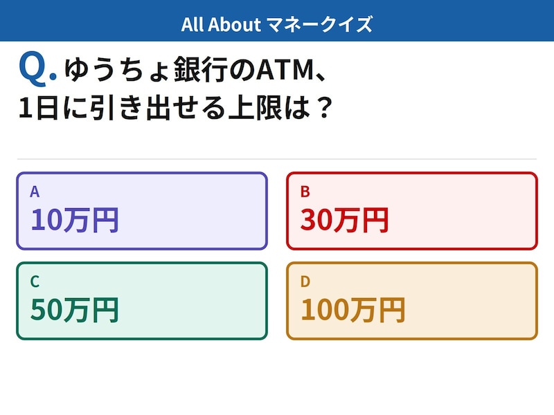 Q.ゆうちょ銀行のATM、1日に引き出せる上限はいくら？【お金のことがもっと分かる！マネークイズ】