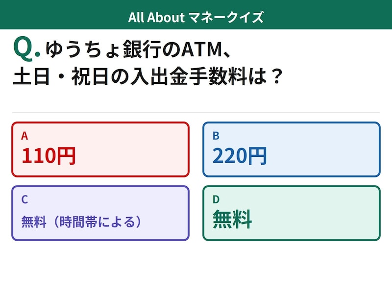 Q. ゆうちょ銀行や郵便局に設置されているゆうちょATMの、土日・祝日の入出金手数料は？【お金のことがもっと分かる！マネークイズ】